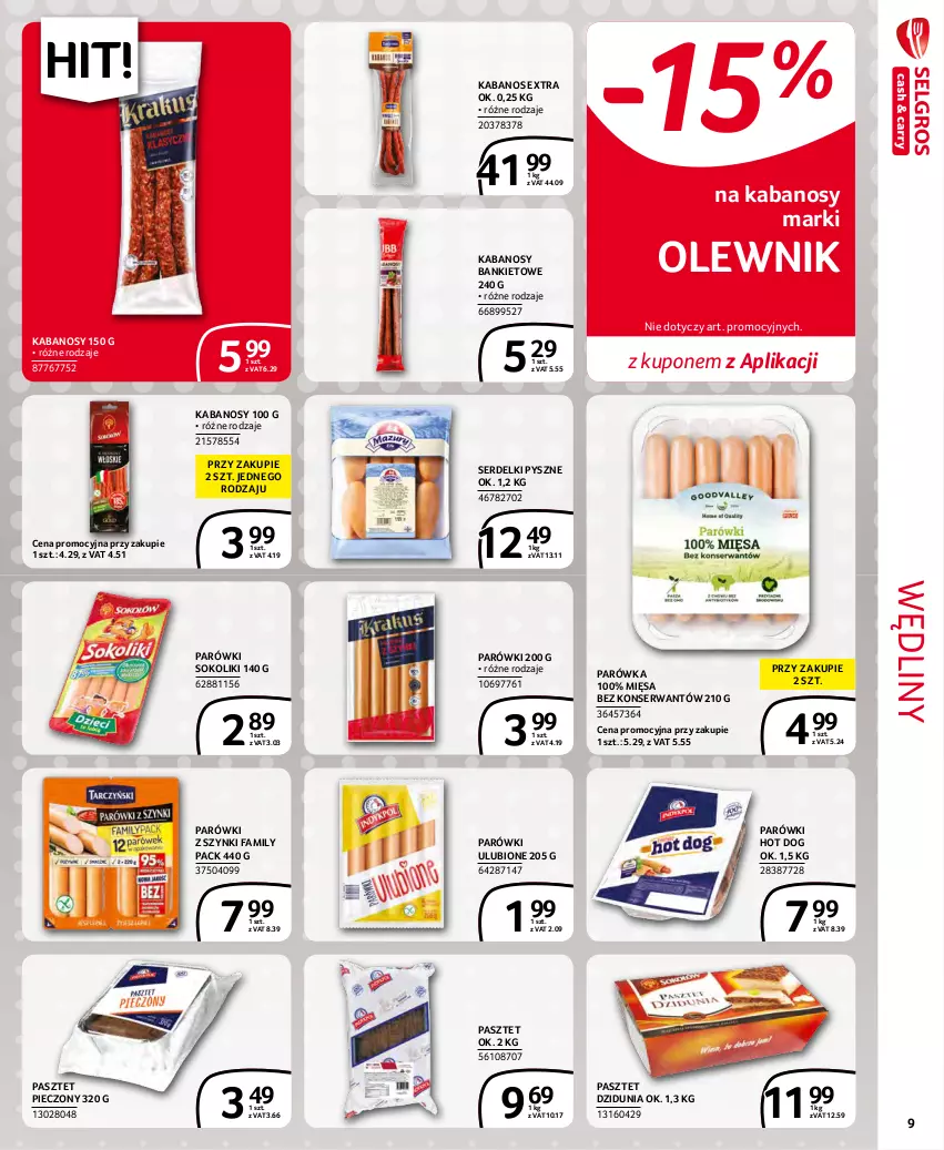 Gazetka promocyjna Selgros - Extra Oferta - ważna 01.12 do 31.12.2021 - strona 9 - produkty: Fa, Hot dog, Kabanos, Olewnik, Parówki, Parówki hot dog, Parówki sokoliki, Parówki z szynki, Pasztet, Piec, Ser, Serdelki, Sok