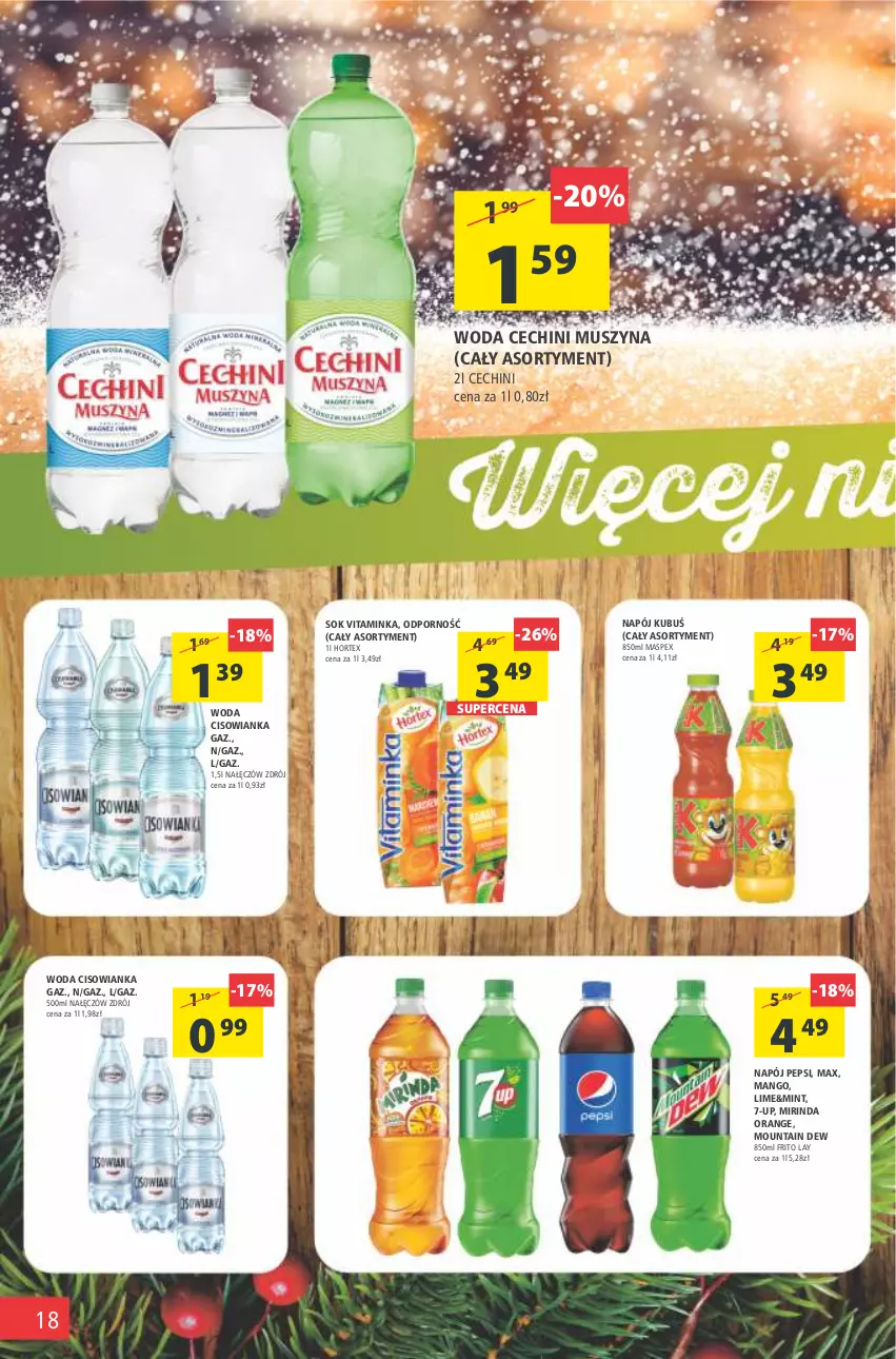 Gazetka promocyjna Arhelan - Gazetka - ważna 14.01 do 23.01.2022 - strona 18 - produkty: Cisowianka, Hortex, Inka, Kubuś, Mango, Mirinda, Mus, Napój, Pepsi, Por, Sok, Szyna, Woda