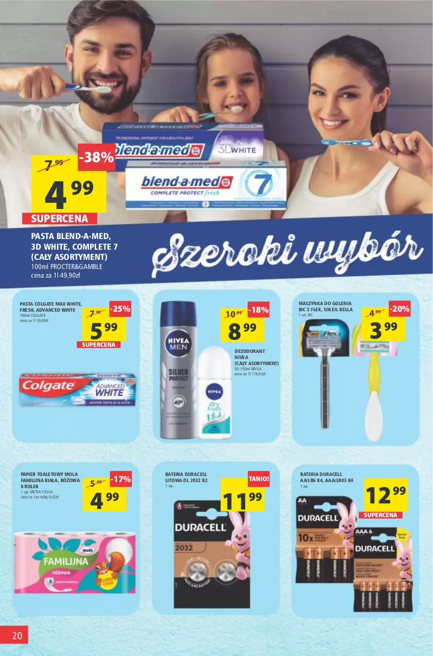 Gazetka promocyjna Arhelan - Gazetka - ważna 14.01 do 23.01.2022 - strona 20 - produkty: Bateria, Bell, Bella, BIC, Blend-a-Med, Colgate, Dezodorant, Duracell, Fa, LG, Maszynka, Maszynka do golenia, Mola, Nivea, Papier, Papier toaletowy, Szynka