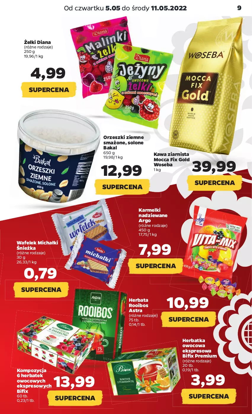 Gazetka promocyjna Netto - Gazetka spożywcza 5.05-11.05 - ważna 05.05 do 11.05.2022 - strona 9 - produkty: Herbata, Kawa, Kawa ziarnista, Michałki, Mocca Fix Gold, Orzeszki, Orzeszki ziemne, Wafelek, Woseba