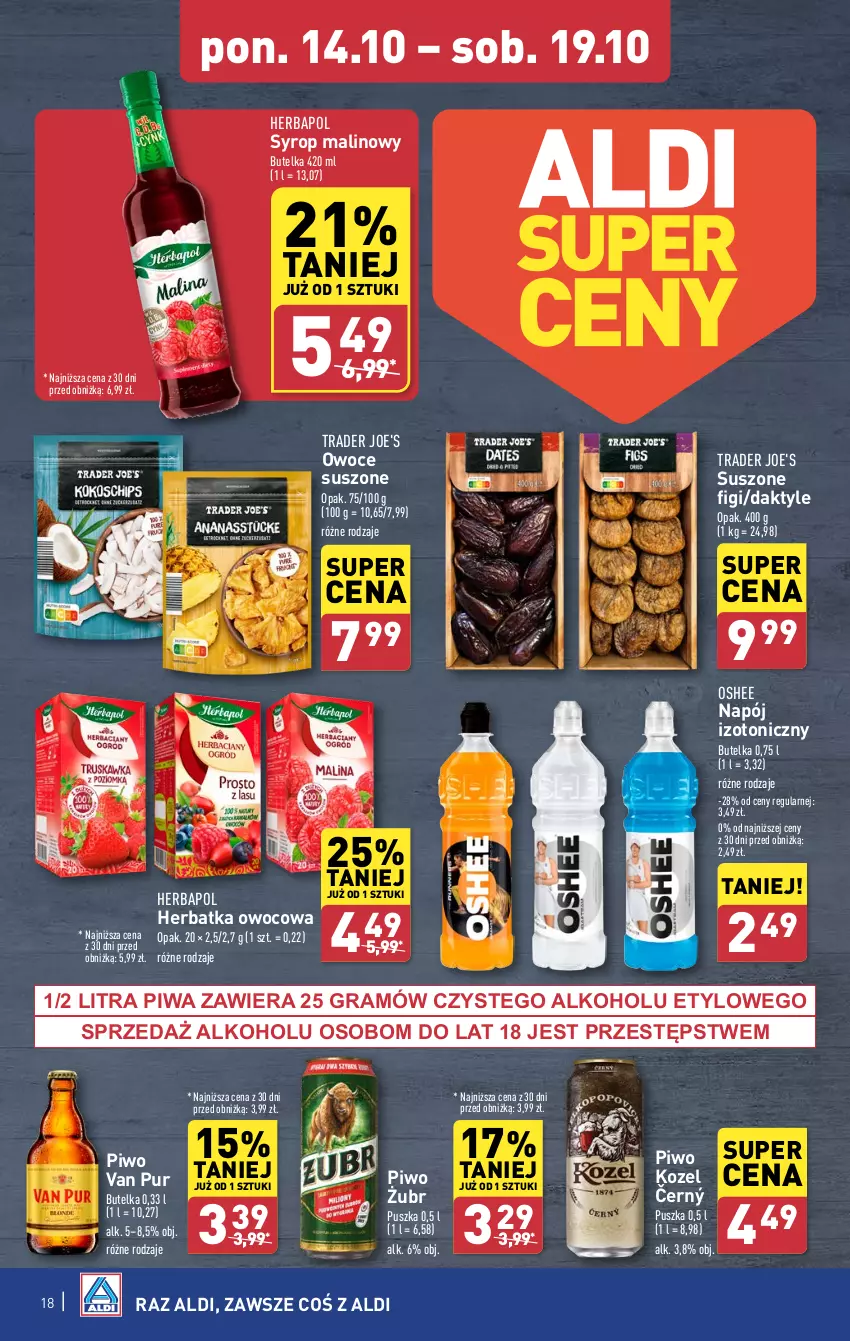 Gazetka promocyjna Aldi - Pełna oferta - ważna 14.10 do 19.10.2024 - strona 18 - produkty: Daktyle, Figi, Gra, Herbapol, Kozel, Napój, Napój izotoniczny, Oshee, Owoce, Owoce suszone, Piwa, Piwo, Pur, Syrop