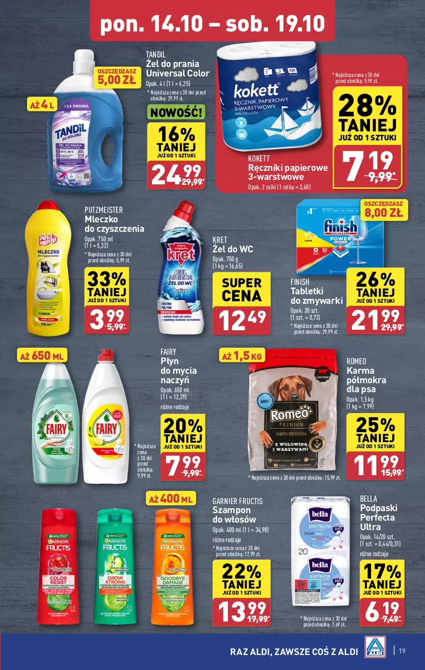 Gazetka promocyjna Aldi - Pełna oferta - ważna 14.10 do 19.10.2024 - strona 19 - produkty: Bell, Bella, Do mycia naczyń, Fa, Fairy, Finish, Fructis, Garnier, Kret, Mleczko, Papier, Perfecta, Płyn do mycia, Płyn do mycia naczyń, Podpaski, Putzmeister, Ręcznik, Ręczniki papierowe, Rolki, Szampon, Tablet, Tabletki do zmywarki, Zmywarki