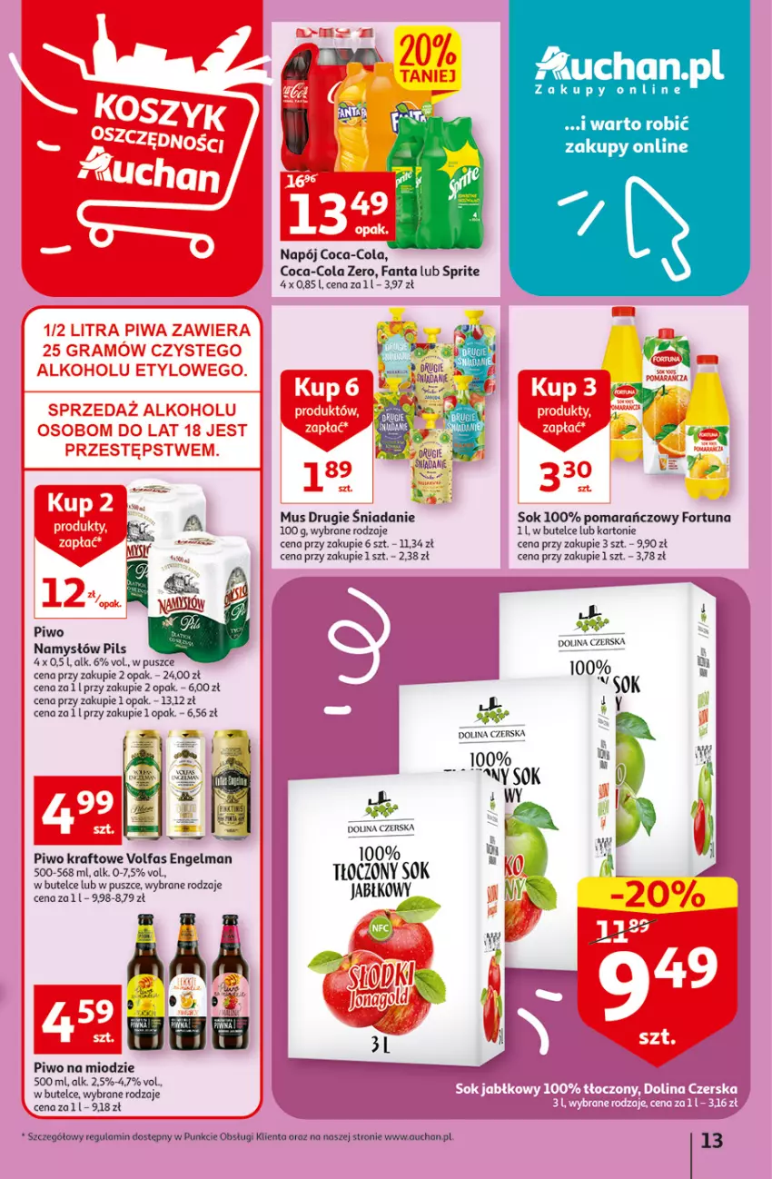 Gazetka promocyjna Auchan - Gazetka Koszyk Oszczędności Auchan Hipermarkety - ważna 13.10 do 19.10.2022 - strona 13 - produkty: Coca-Cola, Fa, Fanta, Fortuna, Mus, Namysłów, Napój, Piwo, Sok, Sprite