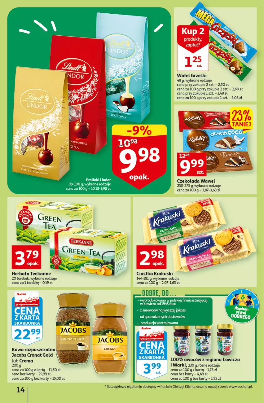 Gazetka promocyjna Auchan - Gazetka Koszyk Oszczędności Auchan Hipermarkety - ważna 13.10 do 19.10.2022 - strona 14 - produkty: Ciastka, Czekolada, Grześki, Herbata, Jacobs, Kawa, Kawa rozpuszczalna, Krakus, Krakuski, Teekanne, Wawel