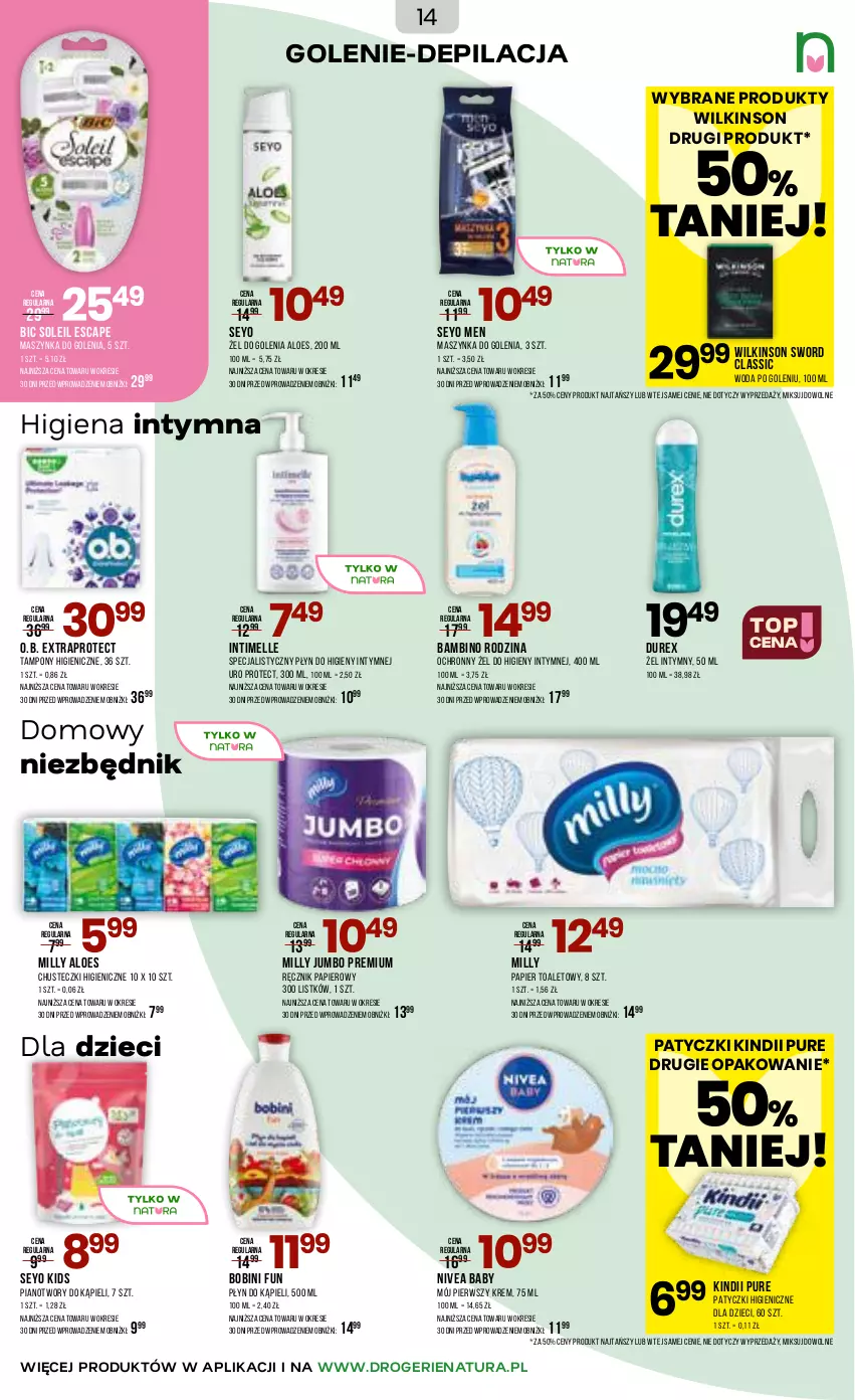 Gazetka promocyjna Drogerie Natura - Gazetka Drogerie Natura - ważna 03.02 do 15.02.2026 - strona 14 - produkty: BIC, Chusteczki, Durex, Dzieci, Kindii, Maszynka, Maszynka do golenia, Nivea, Nivea Baby, O.B., Ochronny żel, Papier, Papier toaletowy, Płyn do higieny intymnej, Płyn do kąpieli, Pur, Ręcznik, Szynka, Tampony, Wilkinson Sword, Woda, Woda po goleniu