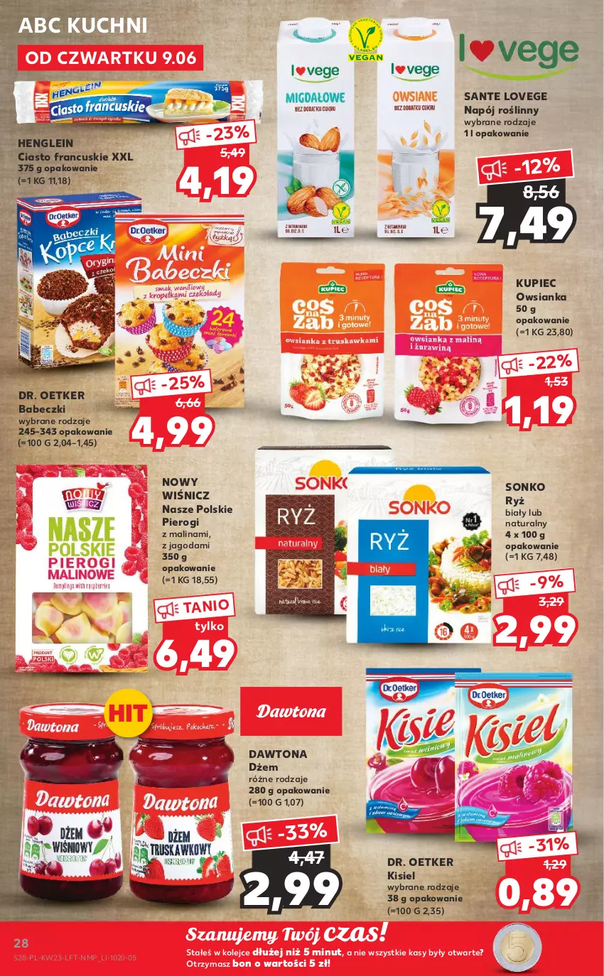 Gazetka promocyjna Kaufland - OFERTA TYGODNIA - ważna 09.06 do 14.06.2022 - strona 28 - produkty: Babeczki, Ciasto francuskie, Dawtona, Dr. Oetker, Dżem, Kisiel, Kupiec, Napój, Napój roślinny, Olej, Owsianka, Piec, Pierogi, Ryż, Ryż biały, Sante, Sonko