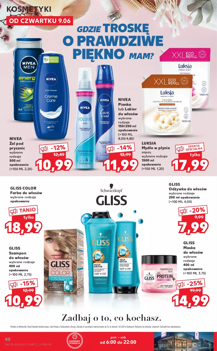 Gazetka promocyjna Kaufland - OFERTA TYGODNIA - ważna 09.06 do 14.06.2022 - strona 40 - produkty: Fa, Farba do włosów, Lakier, Lakier do włosów, Luksja, Maska, Maska do włosów, Mydło, Mydło w płynie, Nivea, Odżywka, Szampon