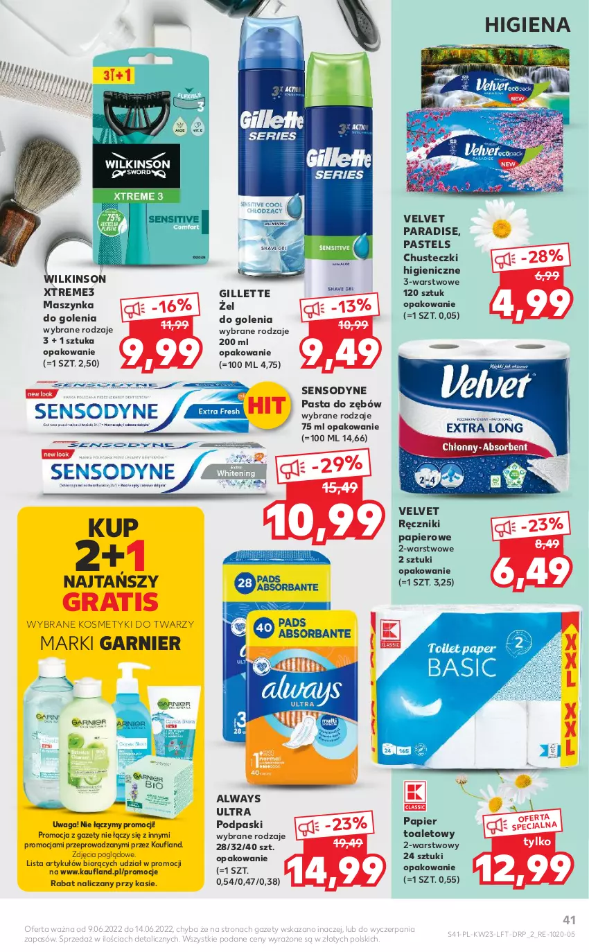 Gazetka promocyjna Kaufland - OFERTA TYGODNIA - ważna 09.06 do 14.06.2022 - strona 41 - produkty: Always, Always Ultra, Chusteczki, Garnier, Gillette, Gra, Maszynka, Maszynka do golenia, Papier, Papier toaletowy, Pasta do zębów, Podpaski, Ręcznik, Ręczniki papierowe, Sensodyne, Szynka, Velvet, Waga