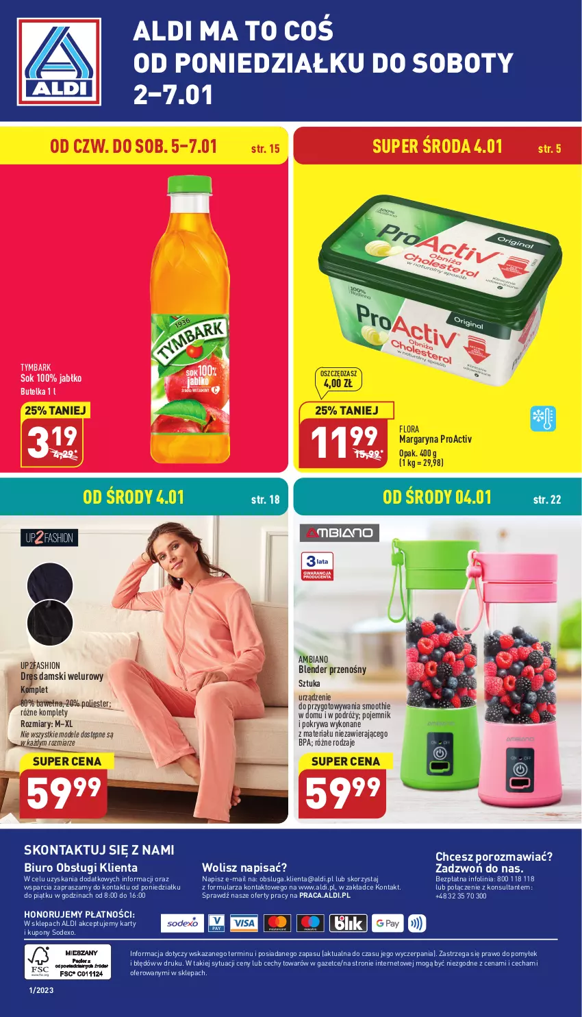 Gazetka promocyjna Aldi - Zaplanuj zakupy wcześniej - ważna 04.01 do 07.01.2022 - strona 12 - produkty: Biuro, Blender, Dres, Fa, Flora, Margaryna, O nas, Pojemnik, Pokrywa, Por, Smoothie, Sok, Tymbark, Wełna