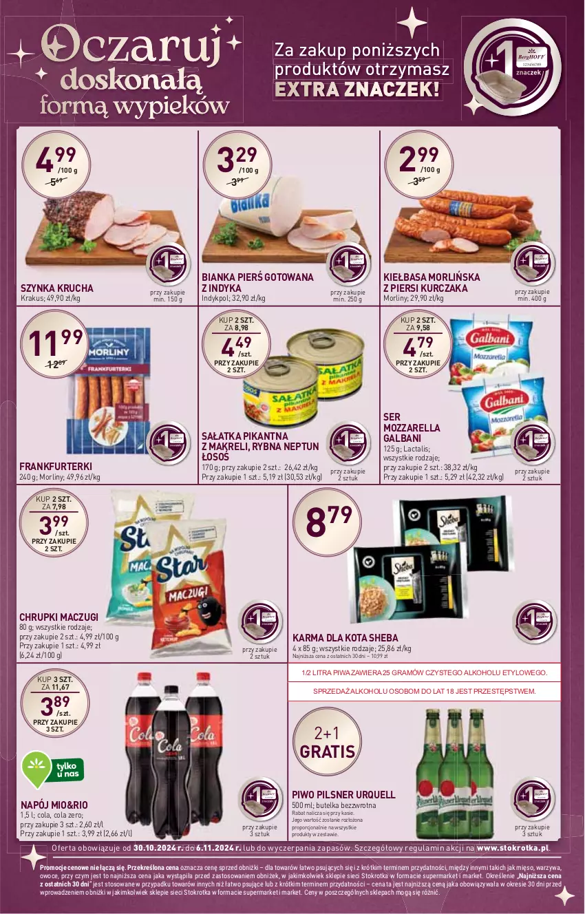 Gazetka promocyjna Stokrotka - Market - ważna 30.10 do 06.11.2024 - strona 16 - produkty: Bianka, Chrupki, Frankfurterki, Galbani, Gra, HP, Kiełbasa, Krakus, Kurczak, Morliny, Mozzarella, Napój, Pilsner Urquell, Piwa, Piwo, Por, Sałat, Sałatka, Ser, Sheba, Szynka