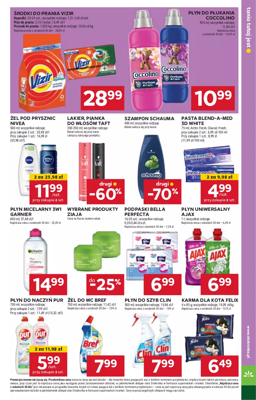 Gazetka promocyjna Stokrotka - Market - ważna 30.10 do 06.11.2024 - strona 17 - produkty: Ajax, Bell, Bella, Blend-a-Med, Bref, Clin, Coccolino, Felix, Garnier, HP, Lakier, Nivea, Perfecta, Pianka do włosów, Płyn do płukania, Płyn do szyb, Płyn micelarny, Podpaski, Pur, Schauma, Szampon, Taft, Vizir, Ziaja