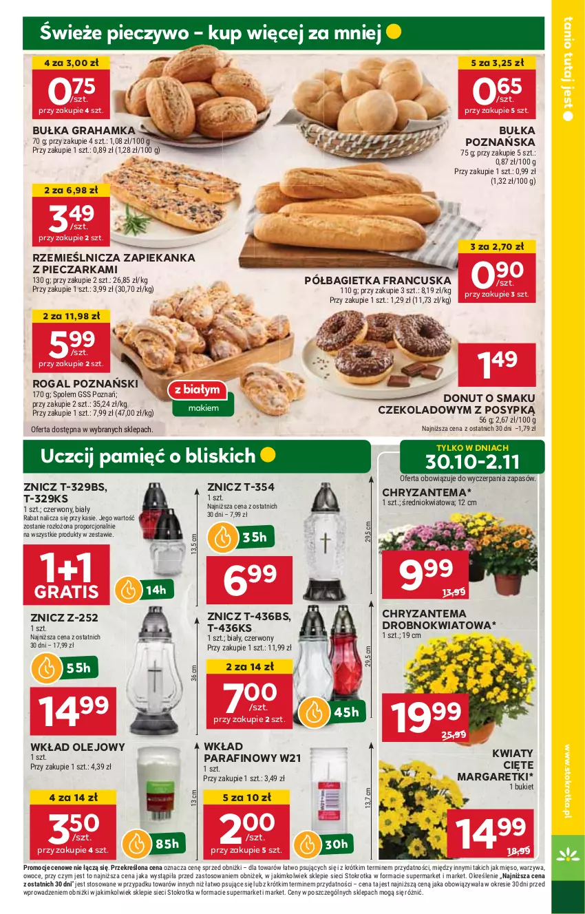 Gazetka promocyjna Stokrotka - Market - ważna 30.10 do 06.11.2024 - strona 5 - produkty: Bagietka, Bułka, Bułka grahamka, Chryzantema, Donut, Gra, HP, Kwiaty cięte, Olej, Piec, Pieczarka, Pieczywo, Półbagietka, Rogal, Wkład olejowy, Zapiekanka, Znicz