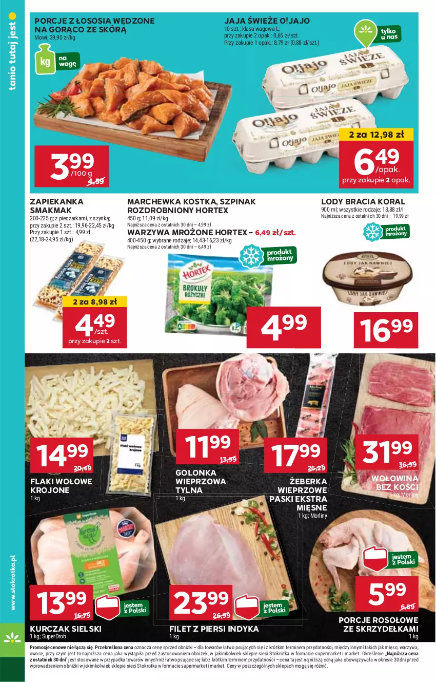 Gazetka promocyjna Stokrotka - Market - ważna 30.10 do 06.11.2024 - strona 8 - produkty: Filet z piersi indyka, Flaki, Flaki wołowe, Golonka wieprzowa, Hortex, HP, Jaja, Kurczak, Lody, Marchewka, Por, Sos, Szpinak, Warzywa, Wołowina, Wołowina bez kości, Zapiekanka