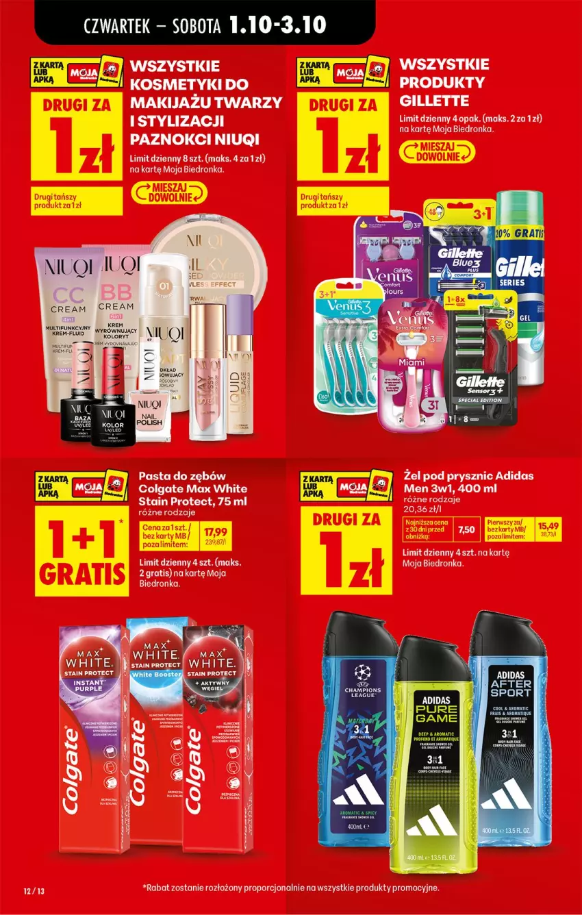 Gazetka promocyjna Biedronka - Od Czwartku - ważna 01.10 do 03.10.2026 - strona 12 - produkty: Adidas, Colgate, Gillette, Gra, LG, Makijaż, Niuqi, Pasta do zębów, Por