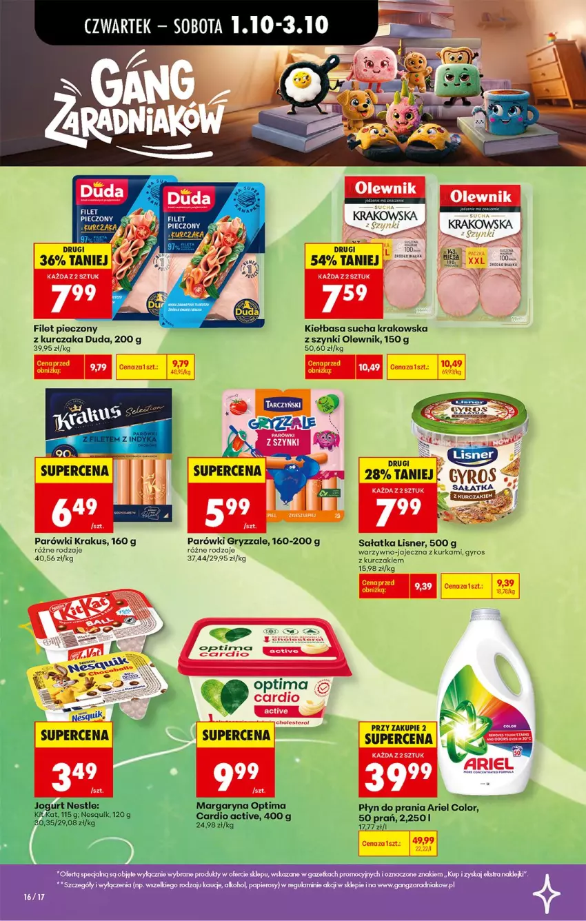 Gazetka promocyjna Biedronka - Od Czwartku - ważna 01.10 do 03.10.2026 - strona 18 - produkty: Ariel, Duda, Gry, Gyros, Kiełbasa, Krakus, Kurczak, Lisner, Olewnik, Optima, Parówki, Piec, Płyn do prania, Por, Sałat, Sałatka, Tera