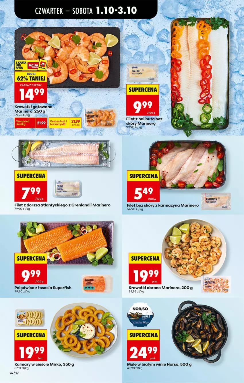 Gazetka promocyjna Biedronka - Od Czwartku - ważna 01.10 do 03.10.2026 - strona 32 - produkty: Dorsz, Fa, Filet z dorsza atlantyckiego, Halibut, Kalmar, Kalmary, Krewetki, Mule, Polędwica, Por, Sos