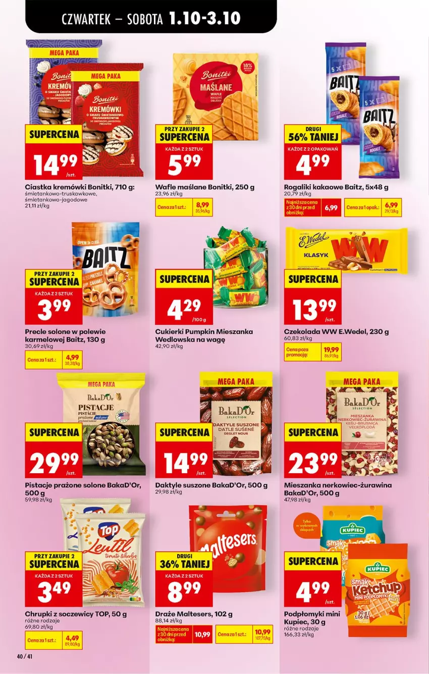 Gazetka promocyjna Biedronka - Od Czwartku - ważna 01.10 do 03.10.2026 - strona 56 - produkty: Bonitki, Chrupki, Ciastka, Cukier, Cukierki, Czekolada, Daktyle, Kakao, Kupiec, Mieszanka nerkowiec, Mieszanka wedlowska, Piec, Pistacje, Precle, Rogal, Ser, Top, Wafle