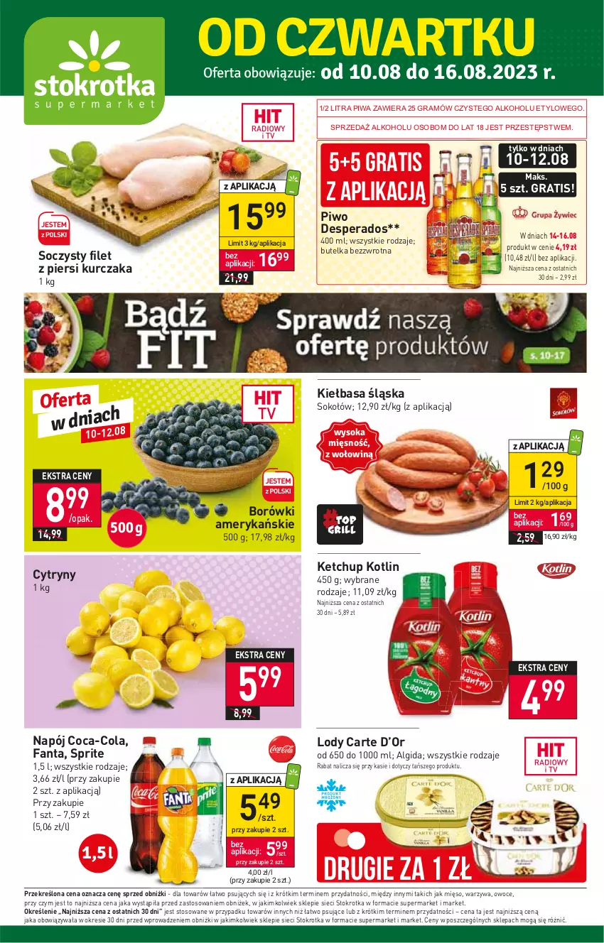 Gazetka promocyjna Stokrotka - Supermarket - ważna 10.08 do 16.08.2023 - strona 1 - produkty: Algida, Coca-Cola, Cytryny, Desperados, Fa, Fanta, Filet z piersi kurczaka, Gra, Ketchup, Kiełbasa, Kiełbasa śląska, Kotlin, Kurczak, LG, Lody, Mięso, Napój, Owoce, Piwa, Piwo, Sok, Sokołów, Sprite, Warzywa