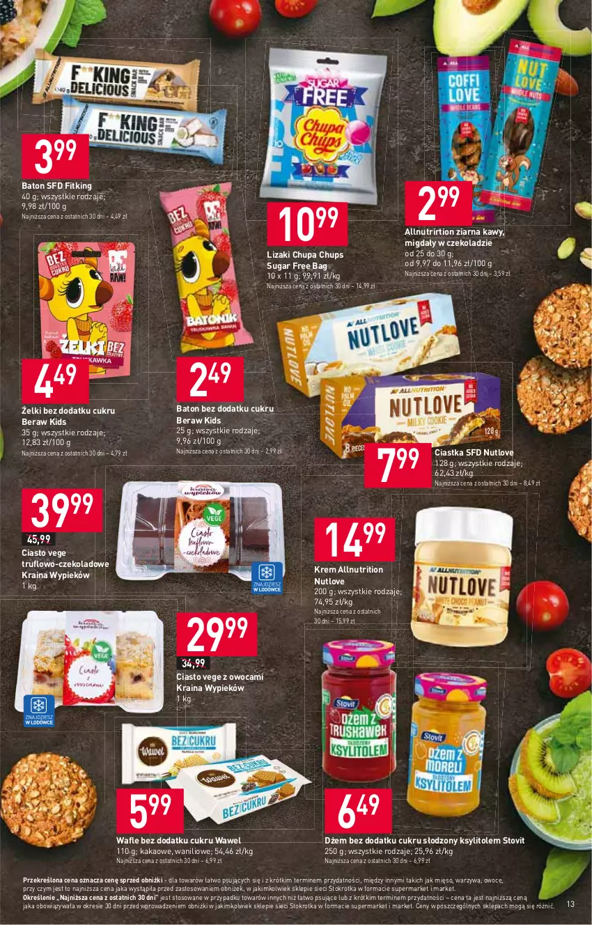 Gazetka promocyjna Stokrotka - Supermarket - ważna 10.08 do 16.08.2023 - strona 15 - produkty: Baton, Chupa Chups, Ciastka, Dżem, Kakao, Ksylitol, Lizaki, Mięso, Migdały, Migdały w czekoladzie, Owoce, Wafle, Warzywa, Wawel