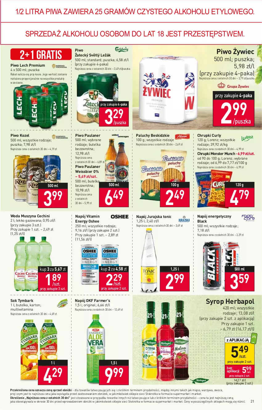 Gazetka promocyjna Stokrotka - Supermarket - ważna 10.08 do 16.08.2023 - strona 22 - produkty: Beskidzki, Chrupki, Fa, Gin, Gra, Herbapol, Kozel, Lack, Lech Premium, Lorenz, Mięso, Monster Munch, Mus, Napój, Napój energetyczny, Oshee, Owoce, Piwa, Piwo, Por, Sok, Syrop, Szyna, Tymbark, Warzywa, Woda