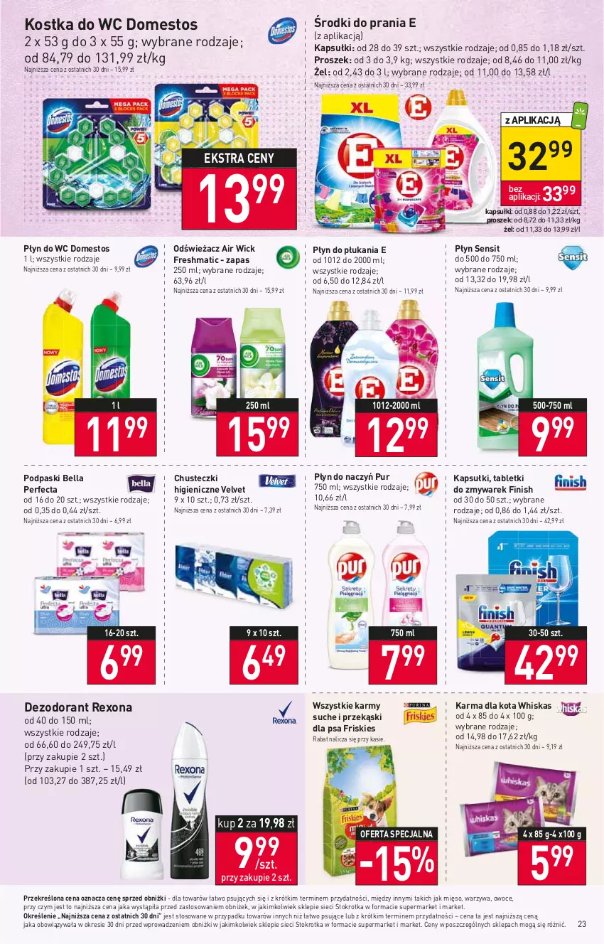 Gazetka promocyjna Stokrotka - Supermarket - ważna 10.08 do 16.08.2023 - strona 24 - produkty: Air Wick, Bell, Bella, Chusteczki, Dezodorant, Domestos, Finish, Friskies, Kostka do wc, Mięso, Owoce, Perfecta, Płyn do płukania, Płyn do wc, Podpaski, Przekąski dla psa, Pur, Rexona, Tablet, Velvet, Warzywa, Whiskas