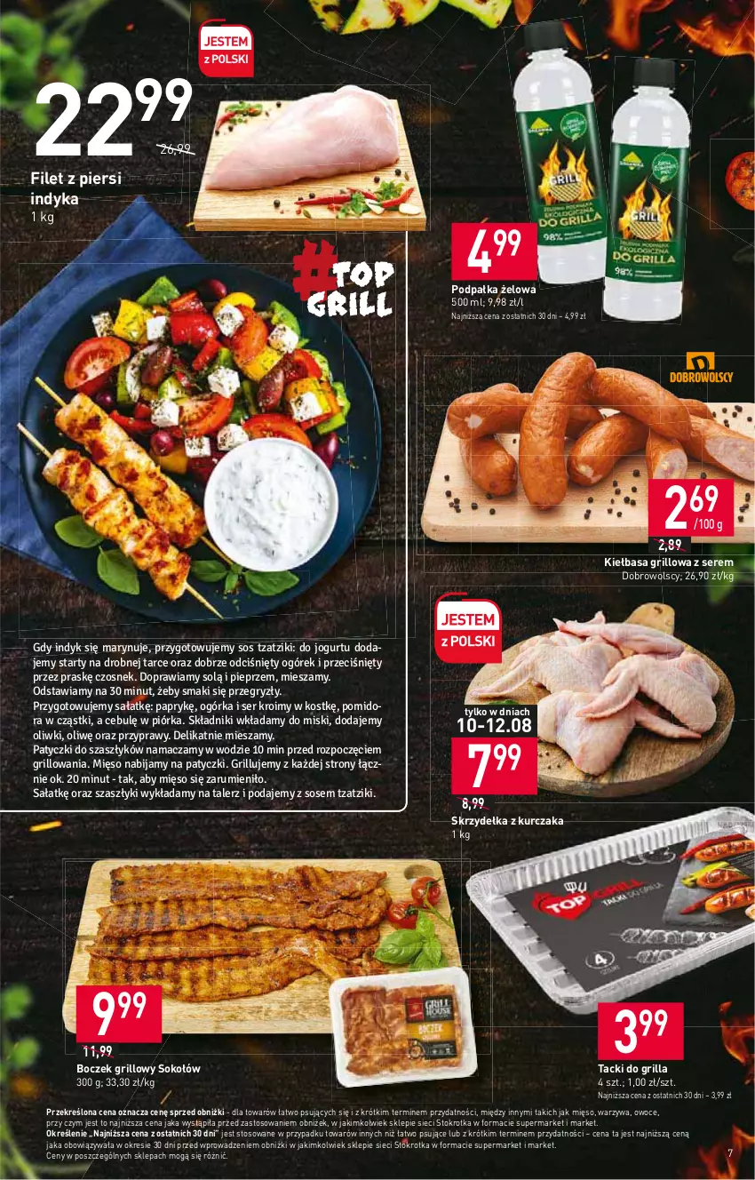 Gazetka promocyjna Stokrotka - Supermarket - ważna 10.08 do 16.08.2023 - strona 7 - produkty: Boczek, Filet z piersi indyka, Grill, Kiełbasa, Kurczak, Mięso, Owoce, Ser, Skrzydełka z kurczaka, Sok, Sokołów, Warzywa