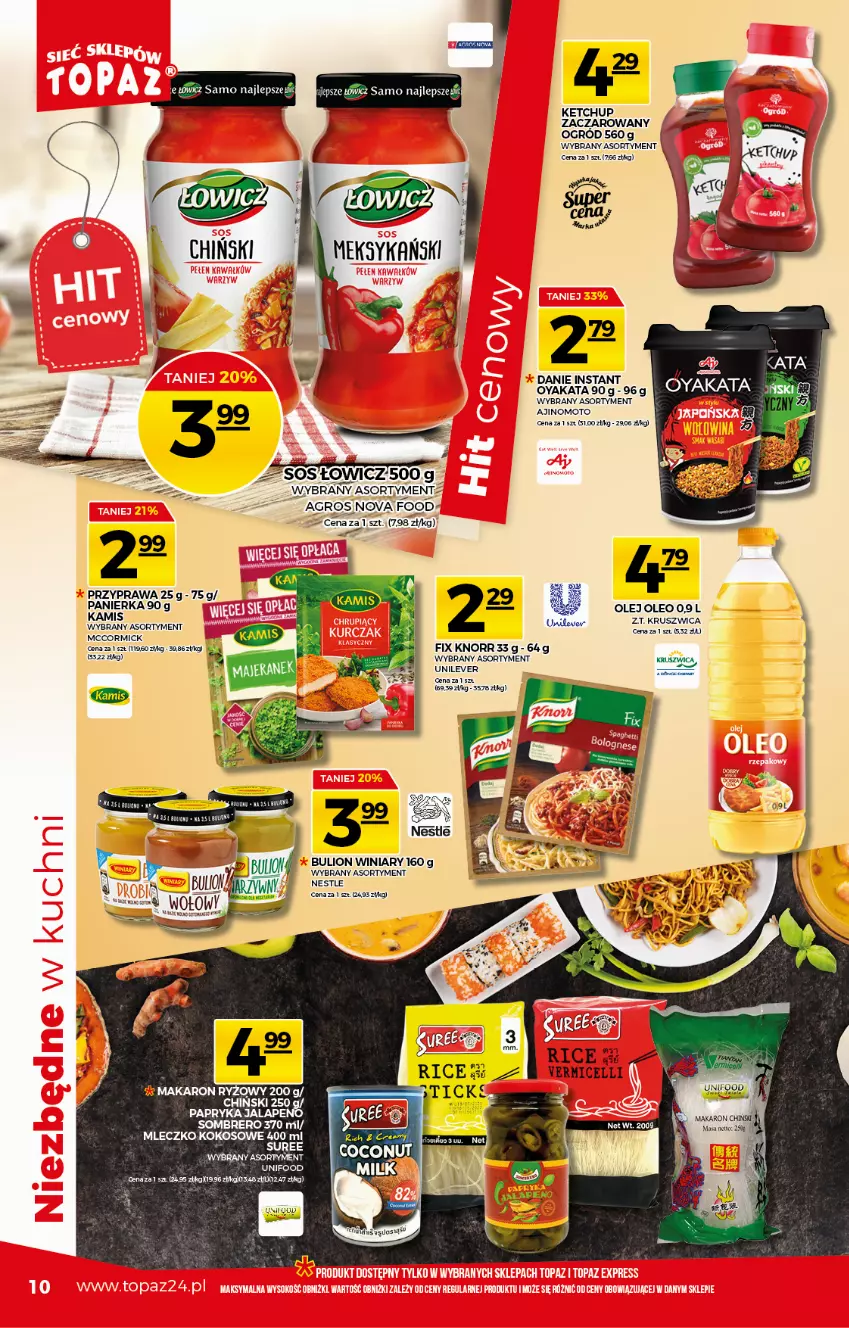 Gazetka promocyjna Topaz - Gazetka - ważna 08.04 do 14.04.2021 - strona 10 - produkty: Knorr, Kokos, Makaron, Makaron ryżowy, Mleczko, Olej, Oleo, Papryka, Ryż, Sos