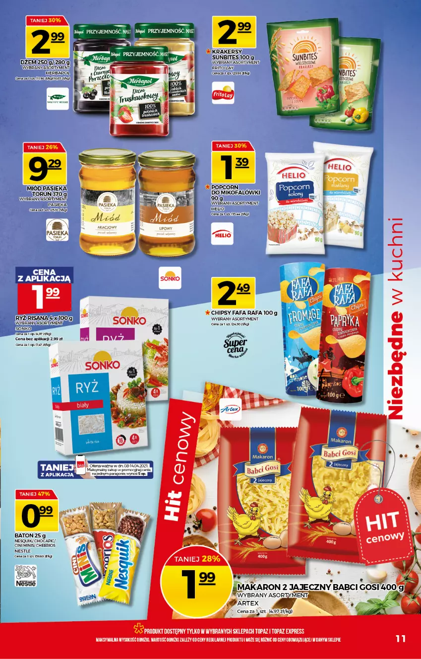 Gazetka promocyjna Topaz - Gazetka - ważna 08.04 do 14.04.2021 - strona 11 - produkty: Baton, Cheerios, Chipsy, Cini Minis, Dżem, Fa, Helio, Herbapol, Krakersy, LG, Miód, Nesquik, Popcorn, Ryż, Sonko