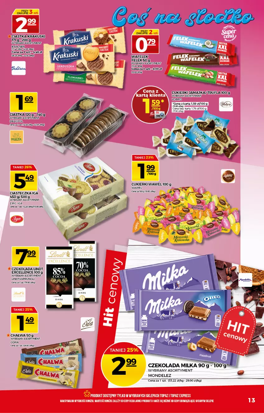 Gazetka promocyjna Topaz - Gazetka - ważna 08.04 do 14.04.2021 - strona 13 - produkty: Chałwa, Ciastka, Cukier, Cukierki, Czekolada, Krakus, Krakuski, Lindt, Wafelek, Wawel