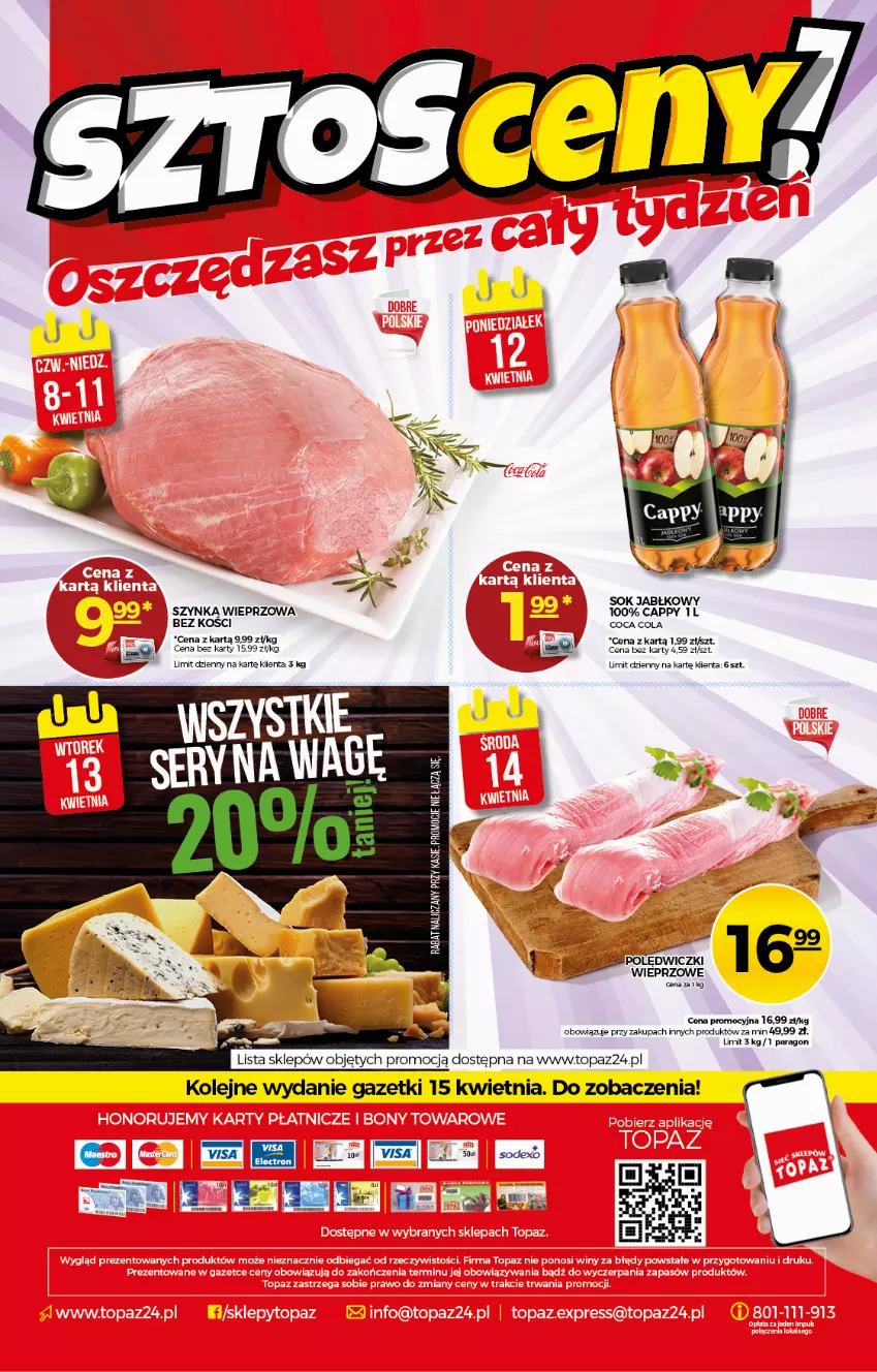 Gazetka promocyjna Topaz - Gazetka - ważna 08.04 do 14.04.2021 - strona 20 - produkty: Cappy, Sok, Sok jabłkowy, Szynka, Szynka wieprzowa