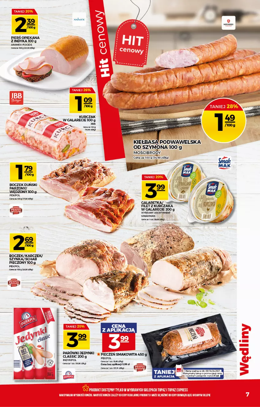 Gazetka promocyjna Topaz - Gazetka - ważna 08.04 do 14.04.2021 - strona 7 - produkty: Boczek, Gala, Kiełbasa, Kiełbasa podwawelska, Parówki, Pekpol, Piec, Smakowita, Szynka, Wawel