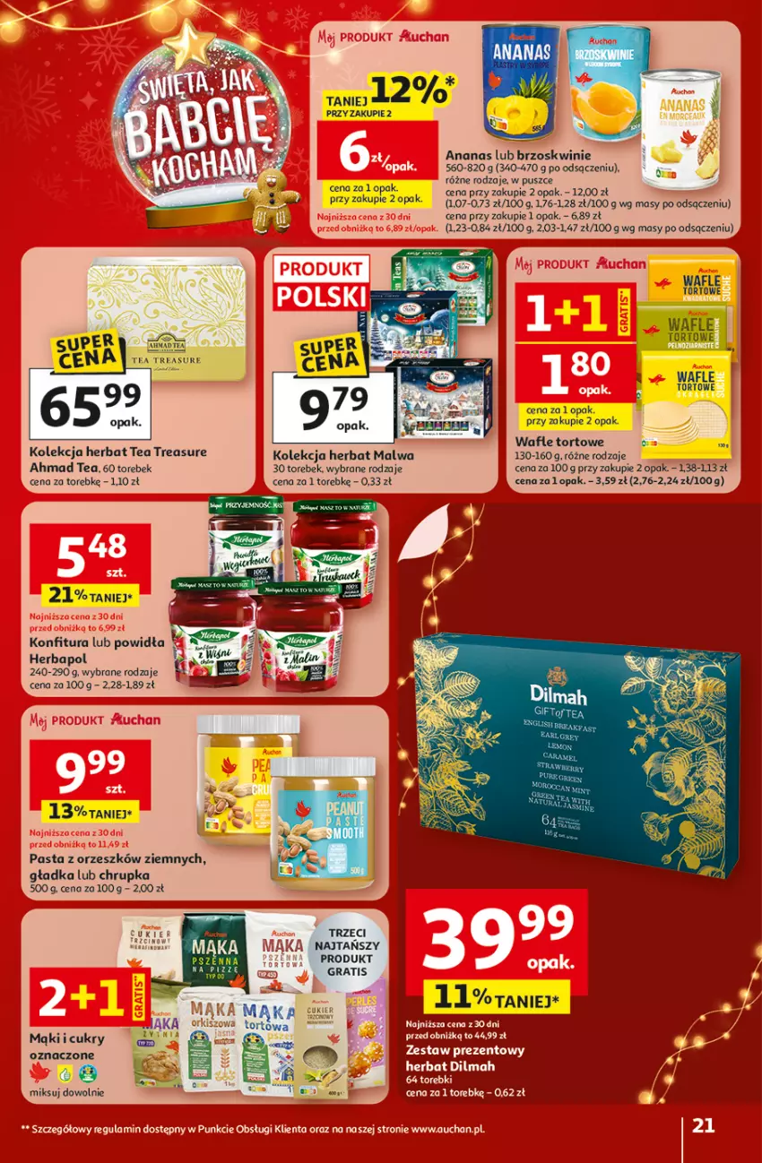 Gazetka promocyjna Auchan - Święta jak babcię kocham Hipermarket - ważna 18.12 do 23.12.2025 - strona 21 - produkty: Ananas, Brzoskwinie, Dilmah, Gra, Herbapol, Konfitura, Wafle, Wafle tortowe, Zestaw prezentowy