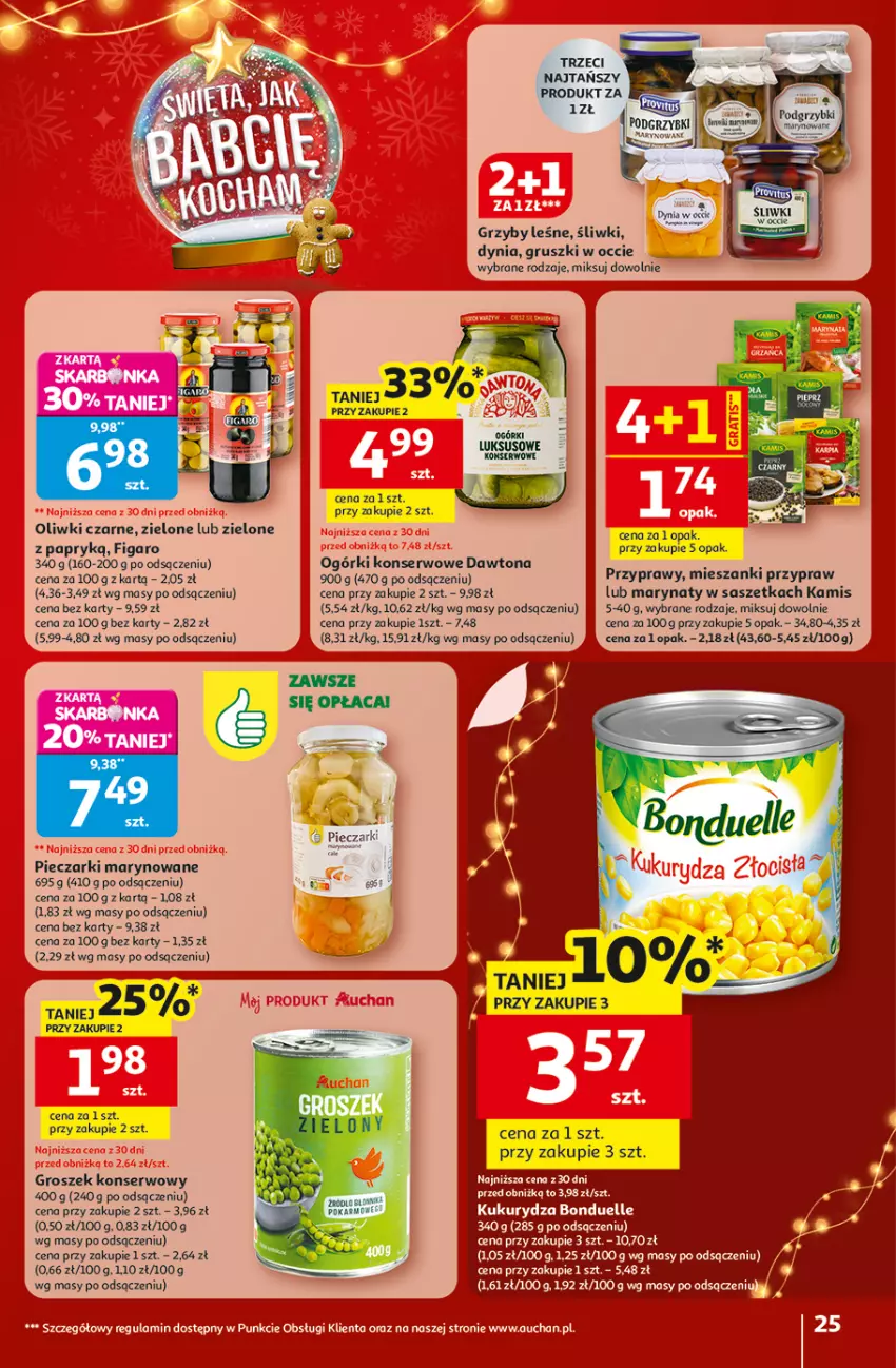 Gazetka promocyjna Auchan - Święta jak babcię kocham Hipermarket - ważna 18.12 do 23.12.2025 - strona 25 - produkty: Bonduelle, Dawtona, Groszek, Gruszki, Grzyby, Kamis, Kukurydza, Ogórki konserwowe, Oliwki, Oliwki czarne, Piec, Przyprawy, Ser