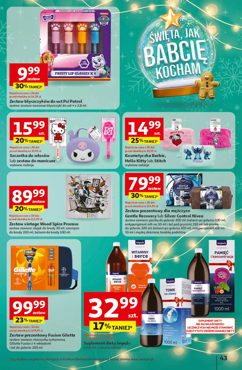 Gazetka promocyjna Auchan - Święta jak babcię kocham Hipermarket - ważna 18.12 do 23.12.2025 - strona 43 - produkty: Antyperspirant, Balsam po goleniu, Barbie, Control, Fusion, Gillette, Kosmetyczka, Nivea, Olej, Psi Patrol, Ser, Suplement diety, Szampon, Szczotka, Szczotka do włosów, Tonik, Zestaw prezentowy, Znicz