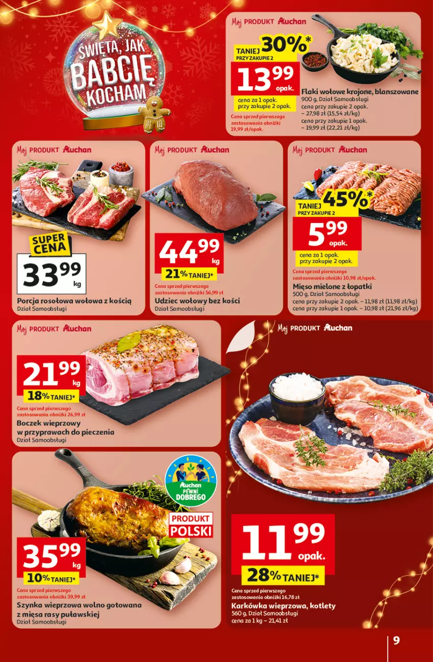 Gazetka promocyjna Auchan - Święta jak babcię kocham Hipermarket - ważna 18.12 do 23.12.2025 - strona 9 - produkty: Boczek, Boczek wieprzowy, Flaki, Flaki wołowe, Karkówka wieprzowa, Kotlet, Mięso, Mięso mielone, Piec, Por, Szynka, Szynka wieprzowa, Udziec wołowy