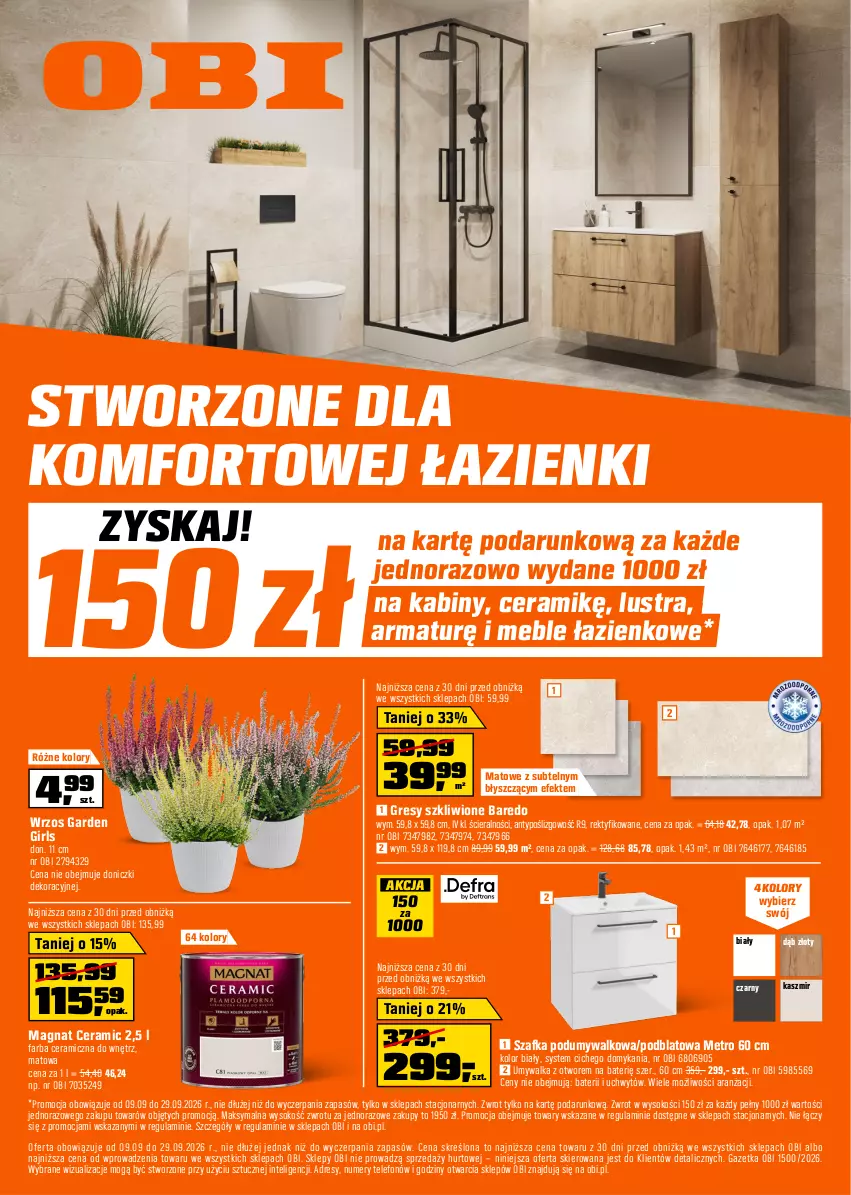 Gazetka promocyjna Obi - Gazetka OBI - ważna 09.09 do 29.09.2026 - strona 1 - produkty: Dres, Fa, Farba ceramiczna, Gres, Intel, Magnat Ceramic, Meble, Meble łazienkowe, Metro, Sok, Szafka, Telefon, Umywalka