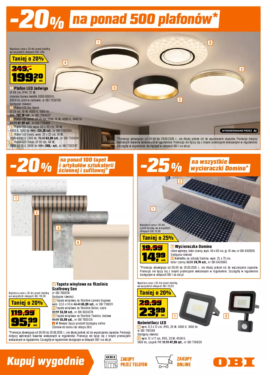 Gazetka promocyjna Obi - Gazetka OBI - ważna 09.09 do 29.09.2026 - strona 9 - produkty: Naświetlacz, Naświetlacz LED, Plafon, Plafon LED, Tapeta, Telefon, Wycieraczka