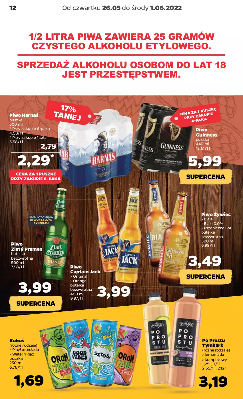 Gazetka promocyjna Netto - Gazetka spożywcza 26.05-1.06 - ważna 26.05 do 01.06.2022 - strona 12 - produkty: Captain Jack, Gin, Gra, Harnaś, Kubuś, Lemoniada, Oranżada, Piwa, Piwo, Tymbark