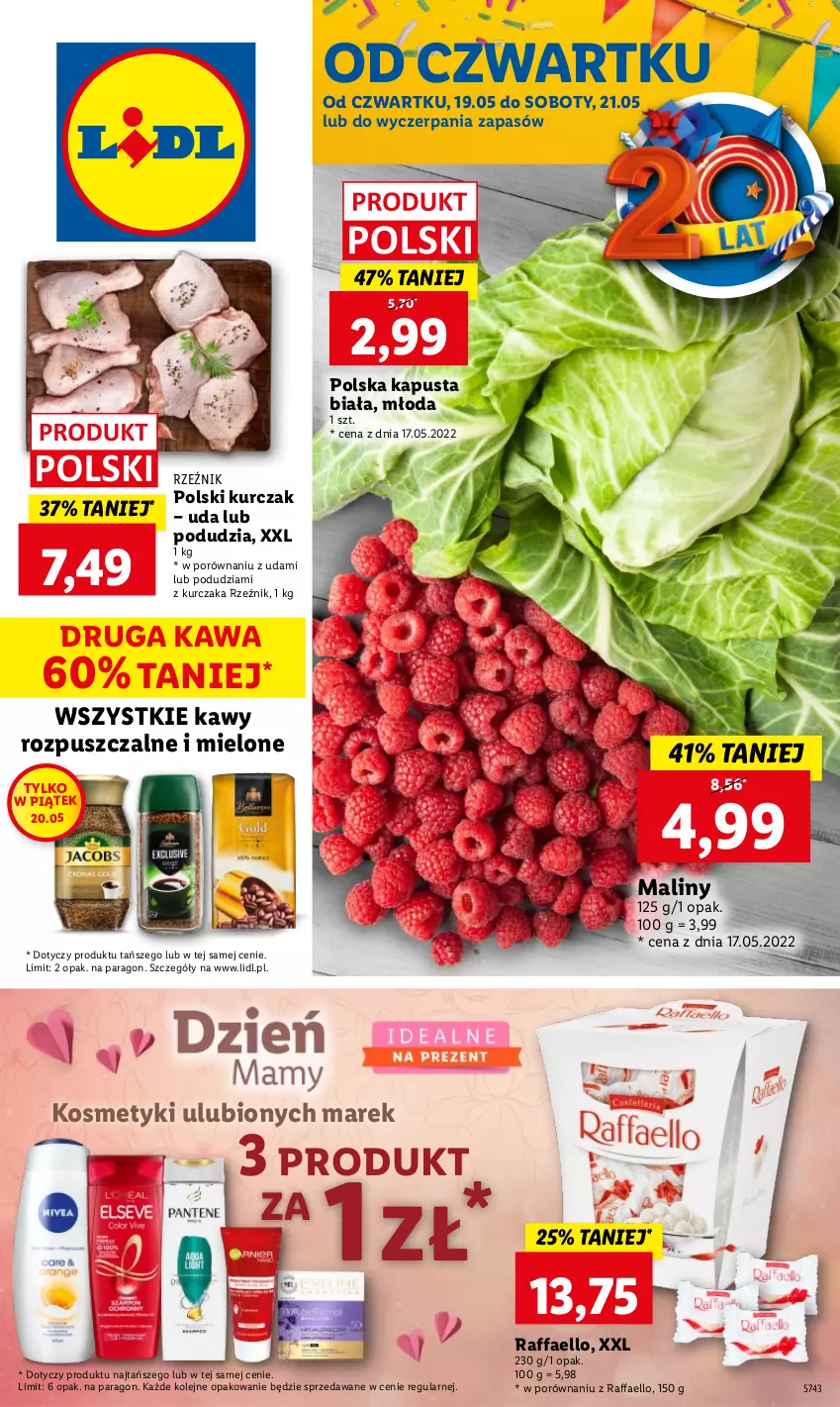 Gazetka promocyjna Lidl - GAZETKA - ważna 19.05 do 21.05.2022 - strona 1 - produkty: Fa, Kawa, Kurczak, Maliny, Olej, Por, Raffaello