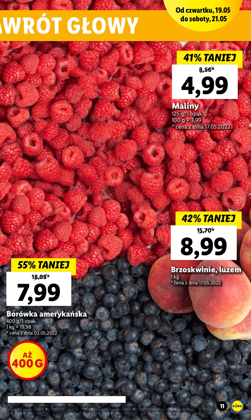 Gazetka promocyjna Lidl - GAZETKA - ważna 19.05 do 21.05.2022 - strona 11 - produkty: Borówka, Borówka amerykańska, Brzoskwinie, Maliny