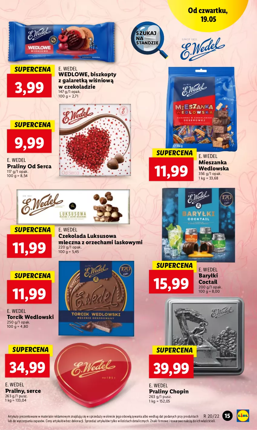 Gazetka promocyjna Lidl - GAZETKA - ważna 19.05 do 21.05.2022 - strona 15 - produkty: Baryłki, Biszkopty, Czekolada, E. Wedel, Gala, Mieszanka wedlowska, Praliny, Ser