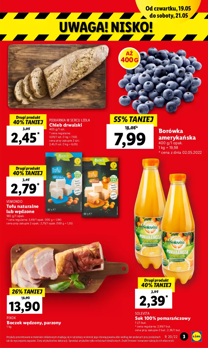 Gazetka promocyjna Lidl - GAZETKA - ważna 19.05 do 21.05.2022 - strona 3 - produkty: Boczek, Borówka, Borówka amerykańska, Chleb, PIKOK, Ser, Sok, Tofu, Waga