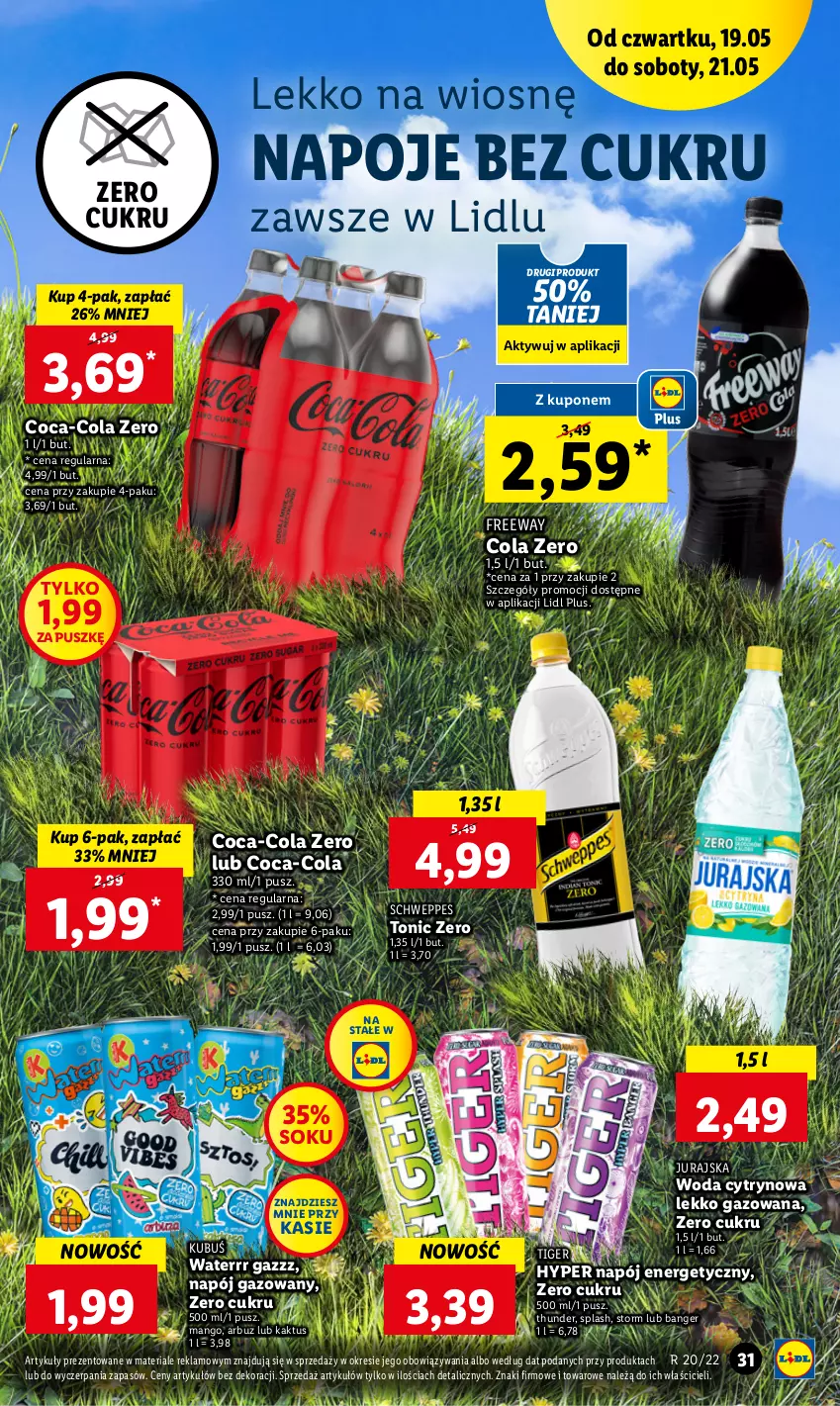 Gazetka promocyjna Lidl - GAZETKA - ważna 19.05 do 21.05.2022 - strona 31 - produkty: Arbuz, Coca-Cola, Kaktus, Kubuś, Kubuś Waterrr, Mango, Napój, Napój energetyczny, Napój gazowany, Napoje, Schweppes, Sok, Tiger, Woda