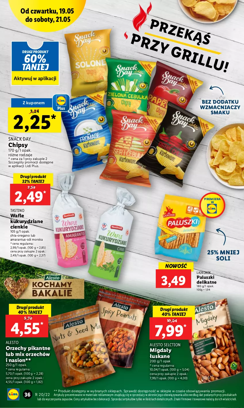 Gazetka promocyjna Lidl - GAZETKA - ważna 19.05 do 21.05.2022 - strona 36 - produkty: Chia, Chipsy, Lajkonik, Migdały, Migdały łuskane, Sól, Wafle