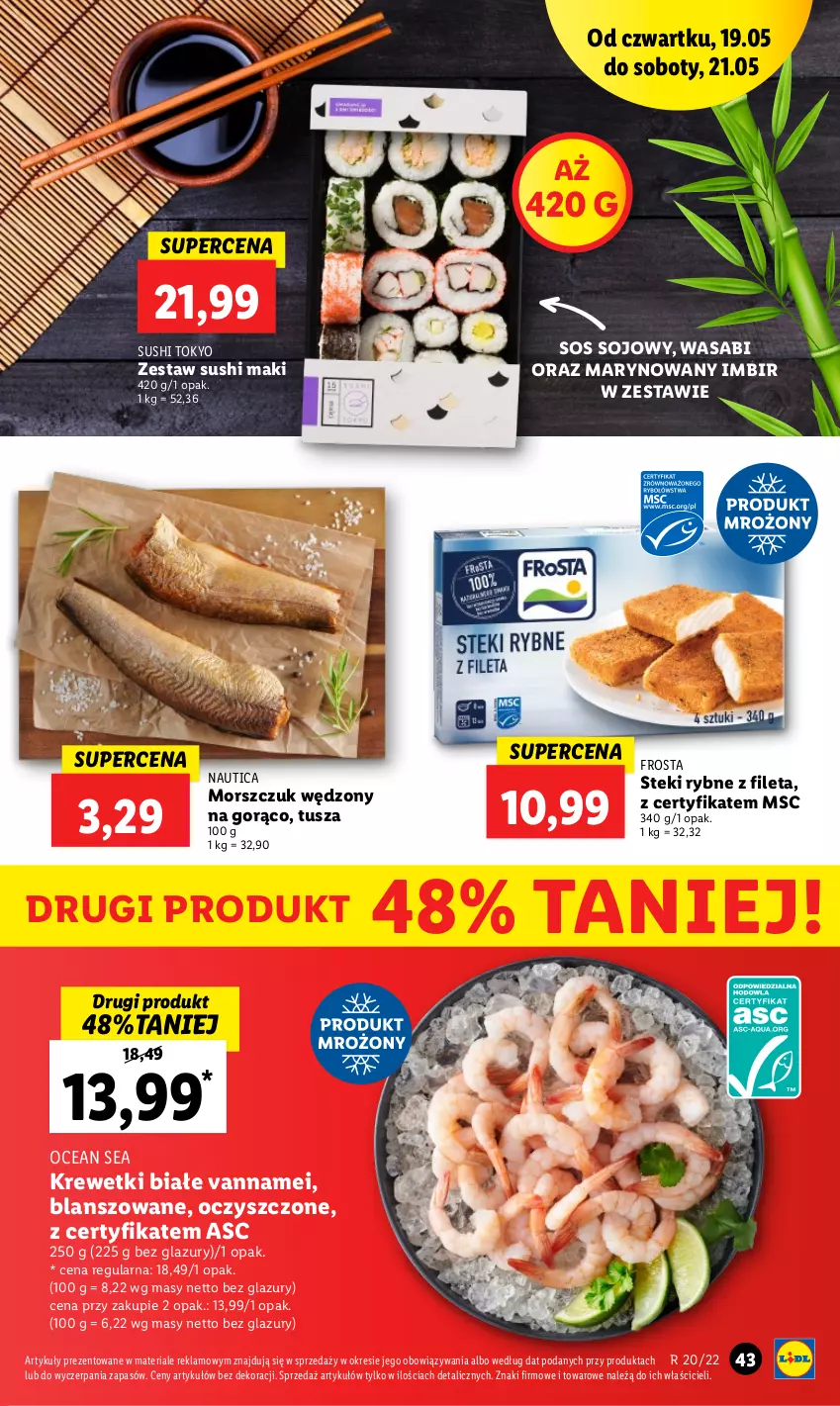 Gazetka promocyjna Lidl - GAZETKA - ważna 19.05 do 21.05.2022 - strona 43 - produkty: Frosta, Imbir, Krewetki, Lazur, Sos, Sos sojowy, Stek, Sushi, Tusz, Wasa