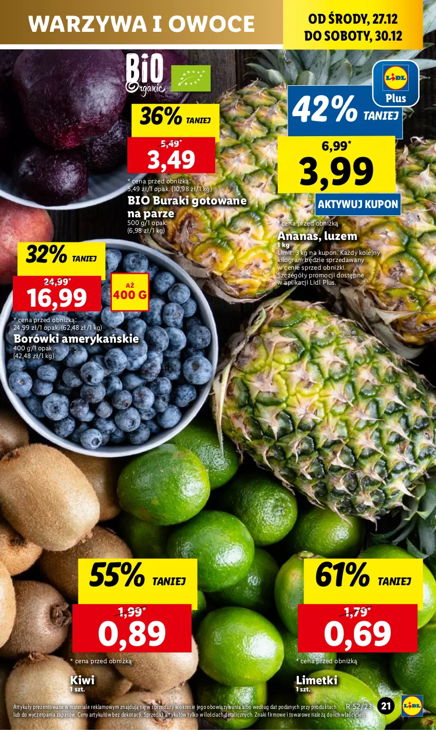 Gazetka promocyjna Lidl - GAZETKA - ważna 27.12 do 30.12.2023 - strona 21 - produkty: Ananas, Buraki, Gra, Kiwi, Olej, Owoce, Warzywa, Warzywa i owoce