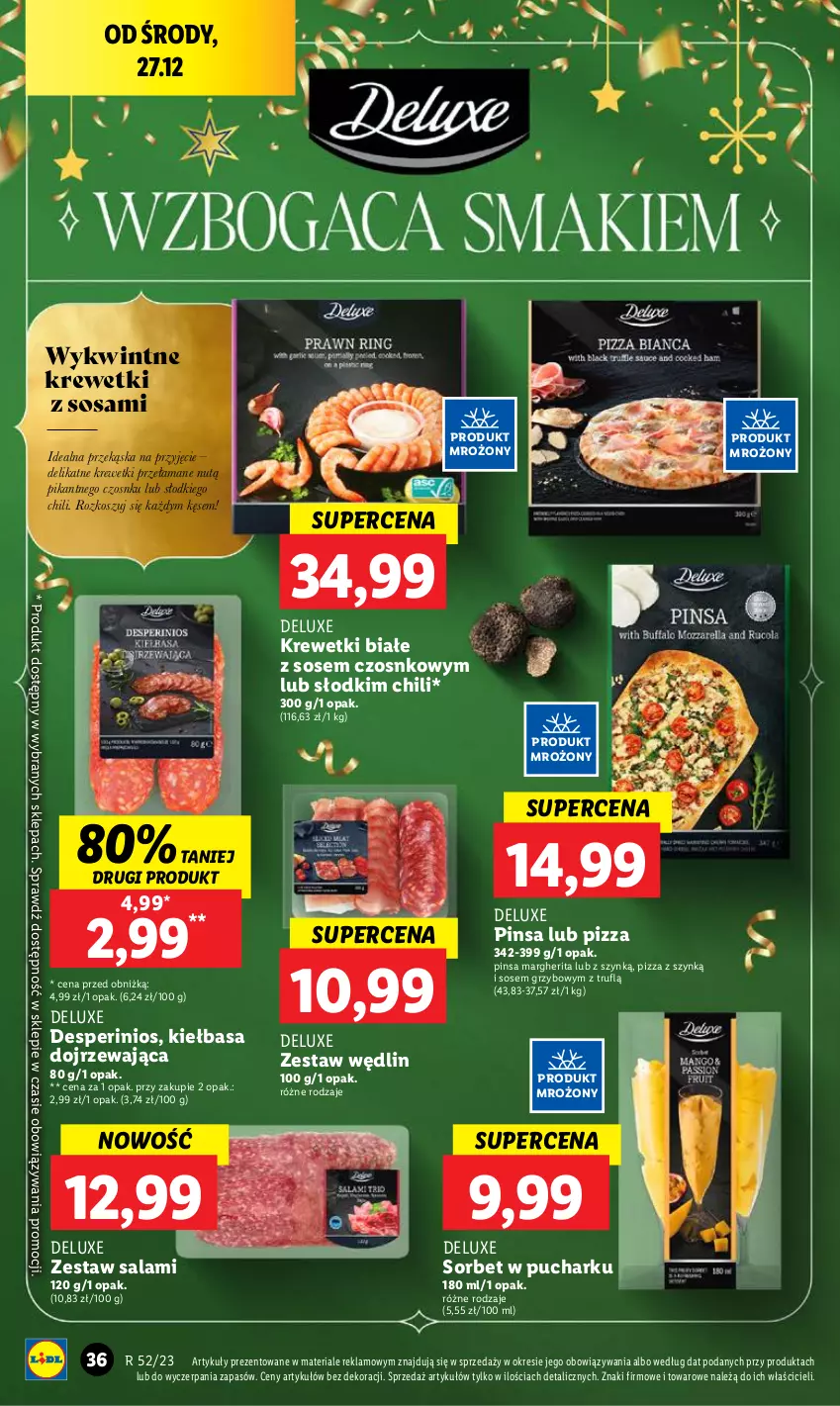 Gazetka promocyjna Lidl - GAZETKA - ważna 27.12 do 30.12.2023 - strona 36 - produkty: Kiełbasa, Kosz, Krewetki, Pizza, Salami, Sos