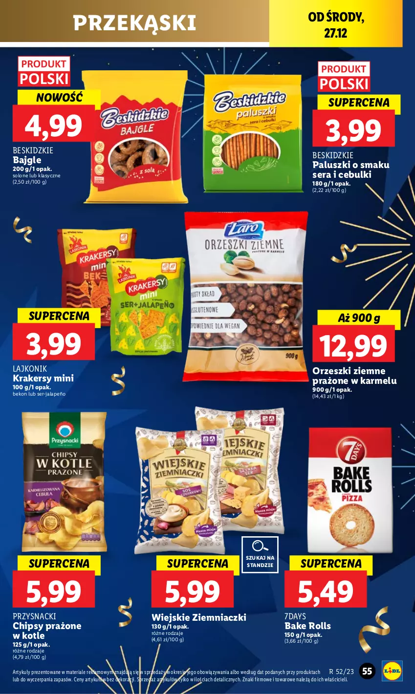 Gazetka promocyjna Lidl - GAZETKA - ważna 27.12 do 30.12.2023 - strona 55 - produkty: Bajgle, Bake Rolls, Beko, Beskidzki, Chipsy, Krakersy, Lajkonik, Orzeszki, Orzeszki ziemne, Przysnacki, Ser