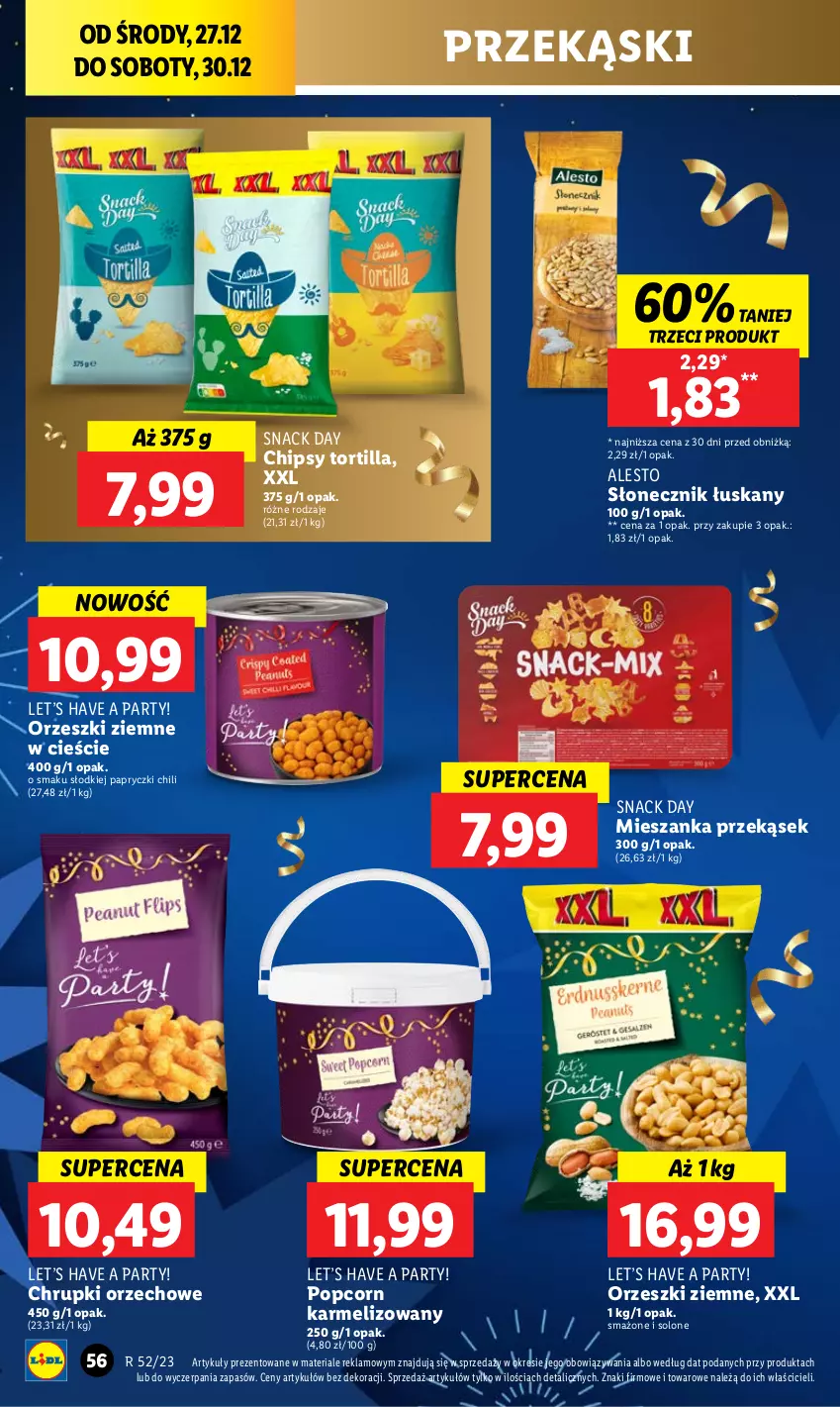 Gazetka promocyjna Lidl - GAZETKA - ważna 27.12 do 30.12.2023 - strona 56 - produkty: Chipsy, Chrupki, Orzeszki, Orzeszki ziemne, Popcorn, Tortilla