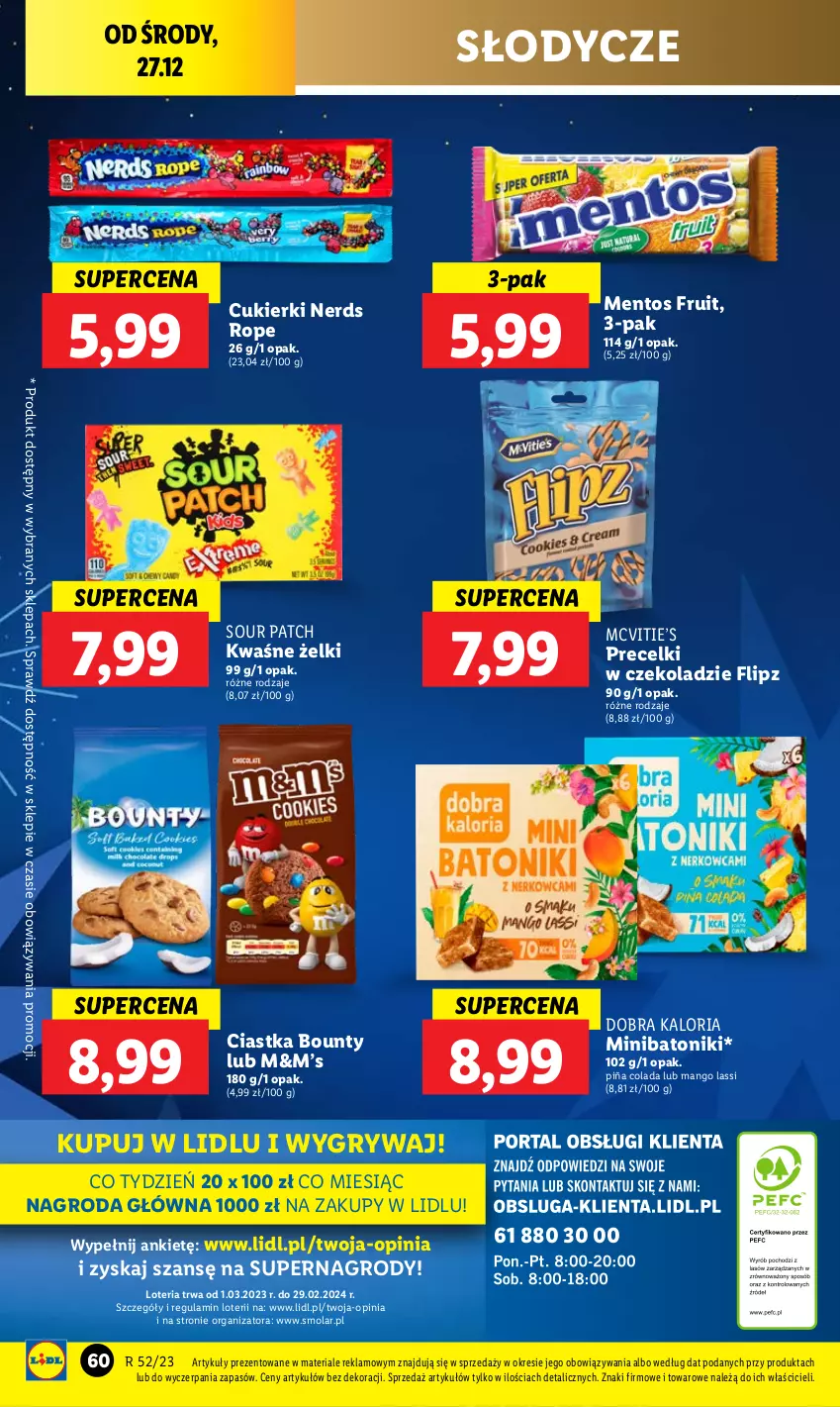 Gazetka promocyjna Lidl - GAZETKA - ważna 27.12 do 30.12.2023 - strona 60 - produkty: Baton, Bounty, Ciastka, Cukier, Cukierki, Gry, Mango, Mentos, Mola, Piña Colada, Precelki, Tonik